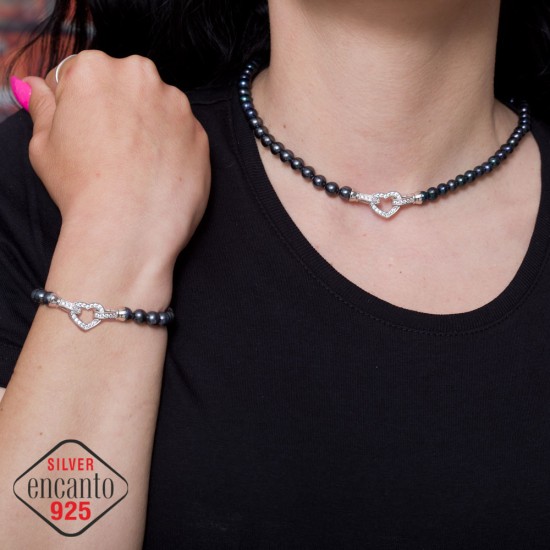 Колие от естествена синя перла със сребърна закопчалка сърце с циркони